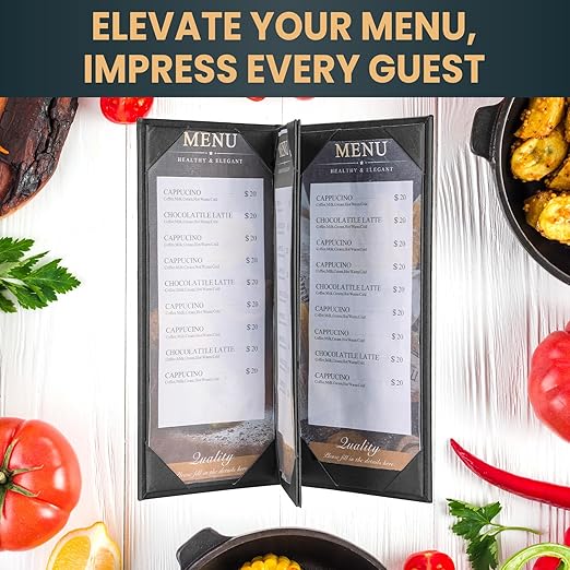 12 Pack 4 View Menu Holder Menu Covers 4.25" x 11" | Black Leather Menu Sleeves Book Style for Restaurant Coffee Bars Wine List