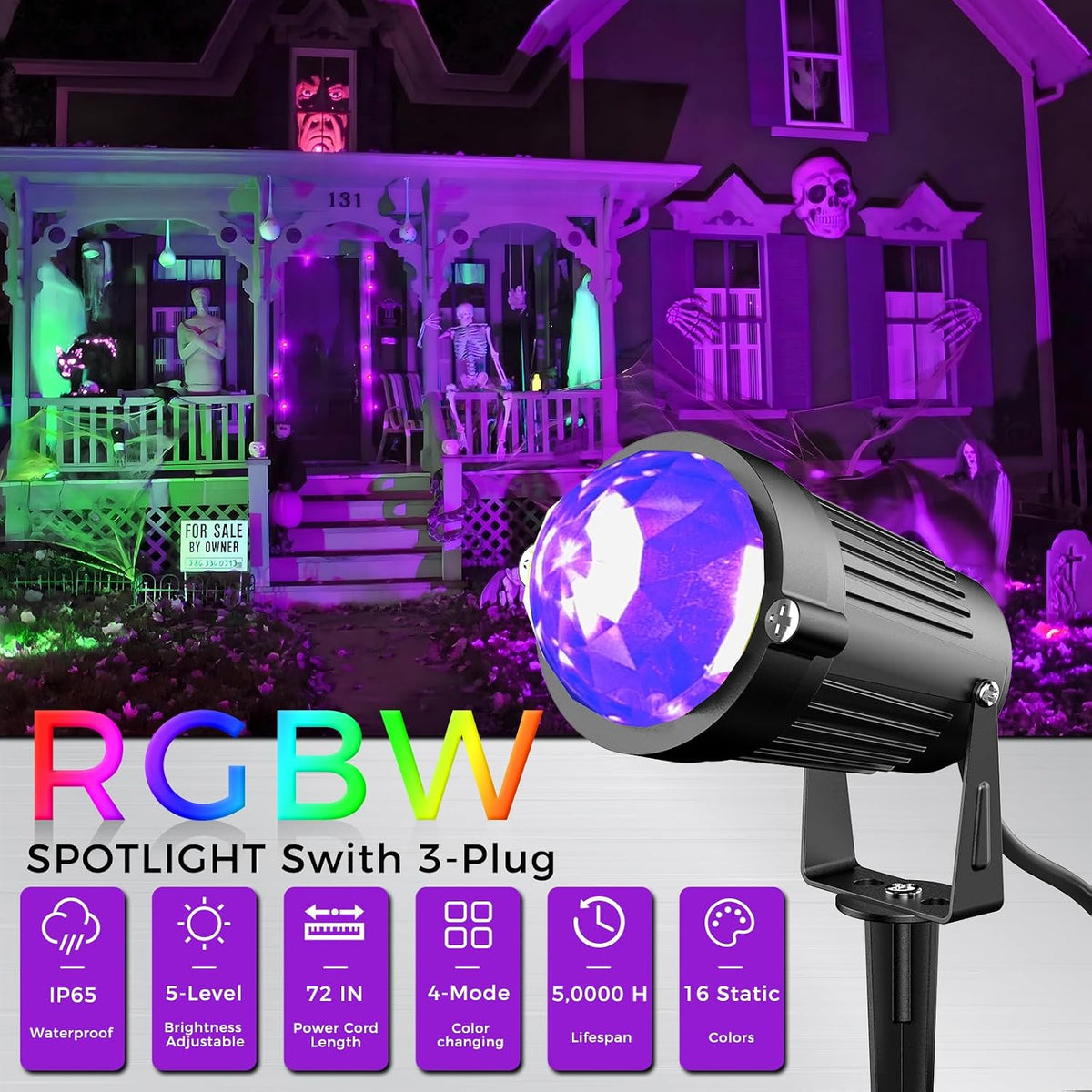 Halloween Christmas LED Spot Lights Outdoor Black Light Projector, 12W Color Changing Landscape Lighting Wired 120V IP65 Waterproof Outdoor Spotlight for Glow Party Garden Yard Indoor Decor(4Pack)