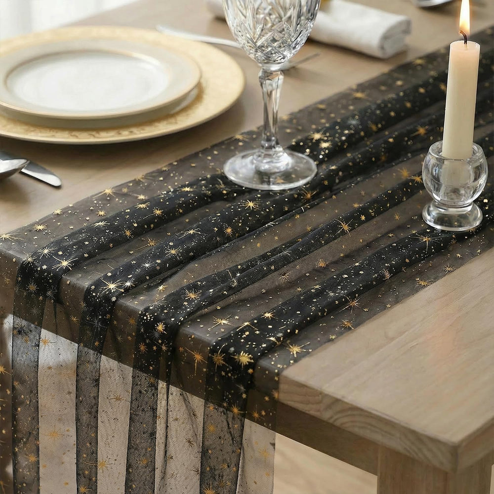 Artoid Mode 10PC Gold Stars Black Gauze Table Runner 120 Inch 10FT, Reversibl...