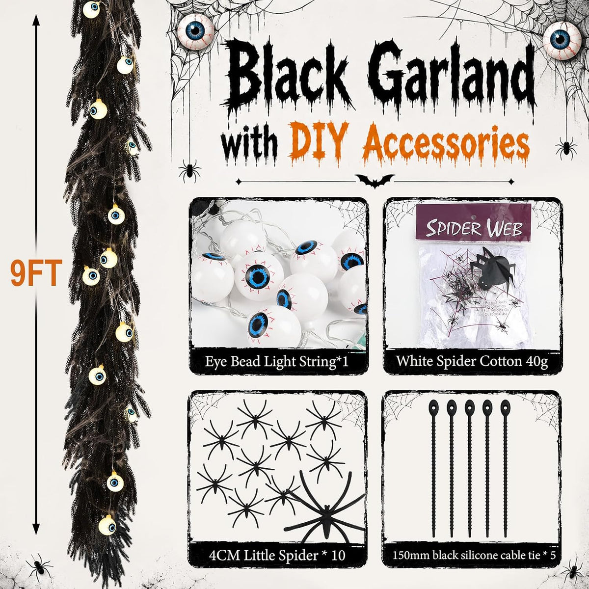 9FT Black Halloween Garland with Eyeball String Light Spider Cotton Spiders