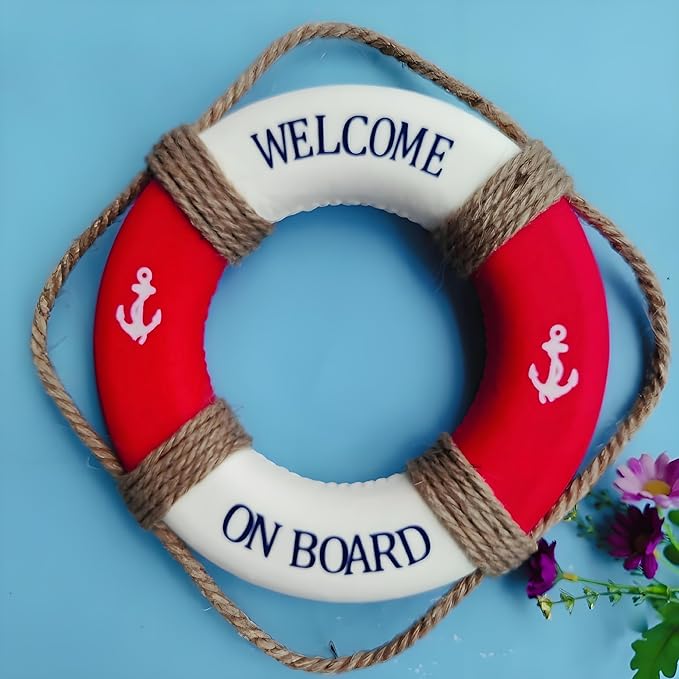 MorroMorn Lifebuoy Wall Hanging Decor - Welcome Aboard Mediterranean Style Home Decoration Hemp Rope (Red, 20")