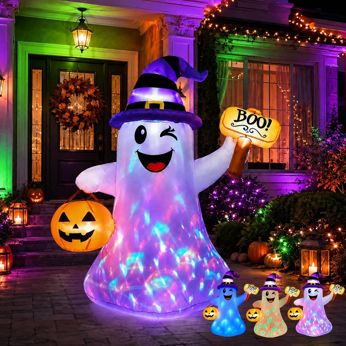 4.5 FT Halloween Inflatables Ghost with Pumpkin Boo, Halloween Decorations Outdoor with Build-in LED Lights Blow Up Cute Wizard Ghost Inflatables for Garden Lawn Yard Party Decor