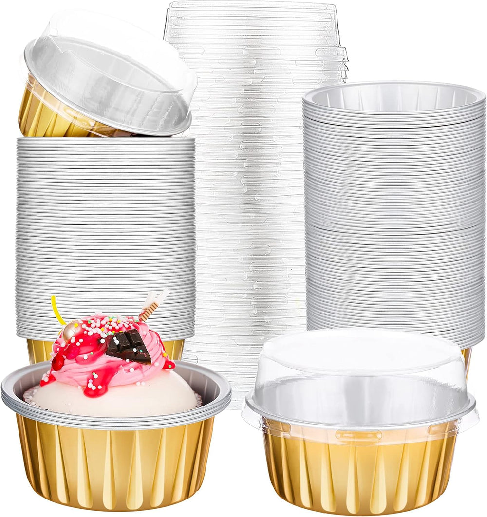 200 Pack Aluminum Cupcake Liners with Lids,Gold,Plain