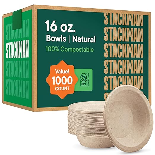 100% Compostable Paper Bowls 16 oz. [1000 Count] Heavy-Duty Soup Bowls - Natural Brown Color Unbleached Bagasse Bowls - Eco-Friendly Disposable Biodegradable Sugarcane - [Bulk Case 8/125 Pack]