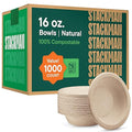 100% Compostable Paper Bowls 16 oz. [1000 Count] Heavy-Duty Soup Bowls - Natural Brown Color Unbleached Bagasse Bowls - Eco-Friendly Disposable Biodegradable Sugarcane - [Bulk Case 8/125 Pack]
