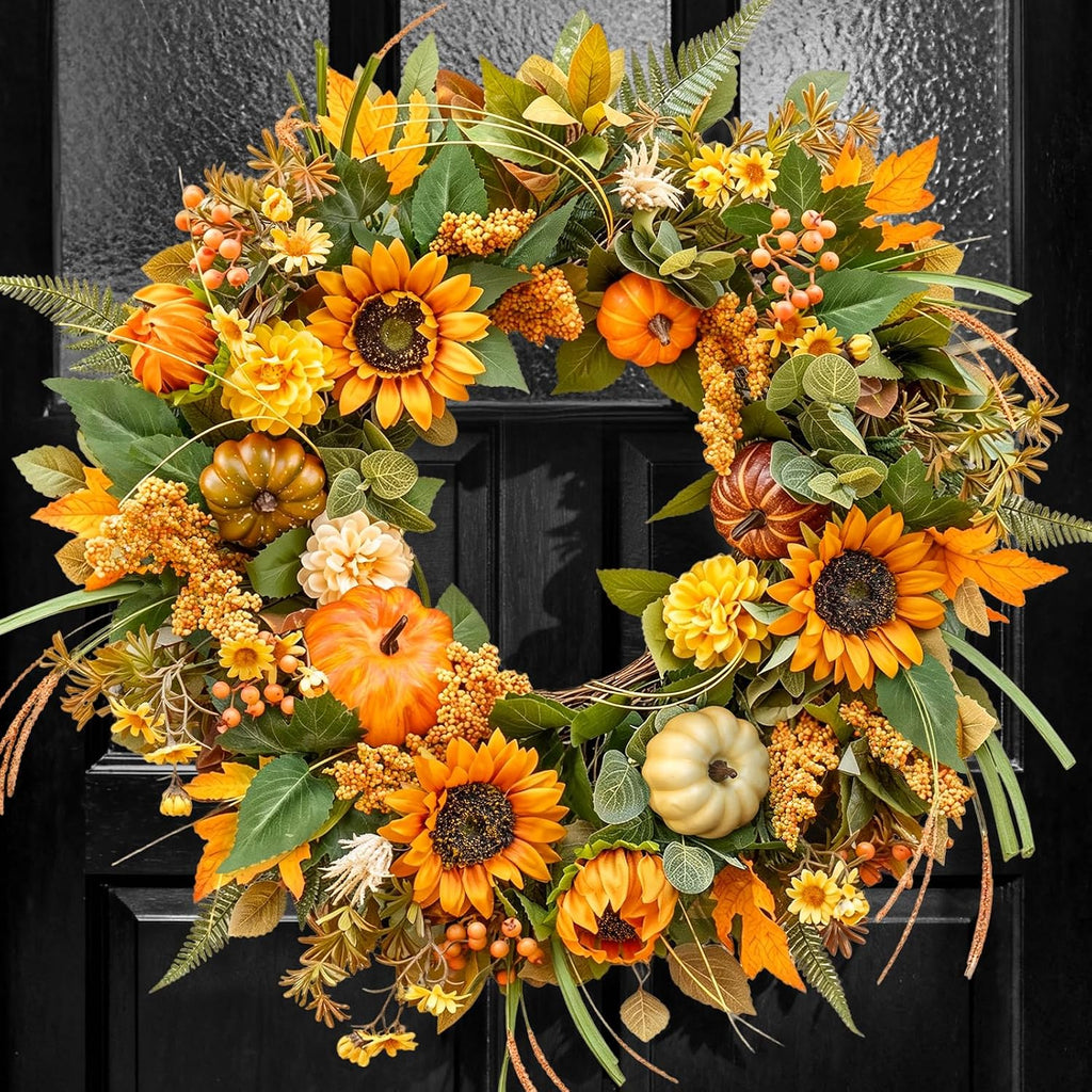 24 Inch Fall Wreaths for Front Door Outside with Sunflowers,Pumpkins,Leaves
