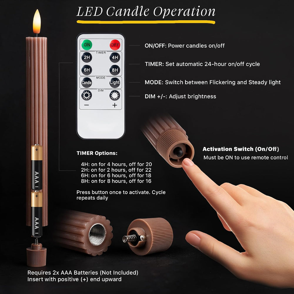 6 Pack, 10" LED Flameless Real Wax Brown Tan Fluted Ribbed Grooved Taper...