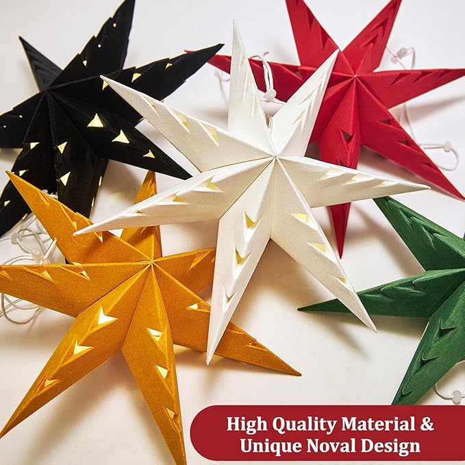 EASY JOY 5-Piece 7-Pointed Paper Star Decoration With Light - 12 Inch 3D Paper Star Lantern for Christmas, Home, Party, Wedding, Birthday