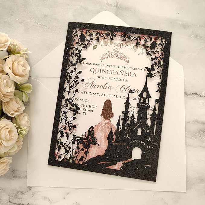 20PCS Castle Pocket Invitations, Quinceanera Invitations with Envelopes, Princess Invitation, Laser Cut quince invites (glitter black)