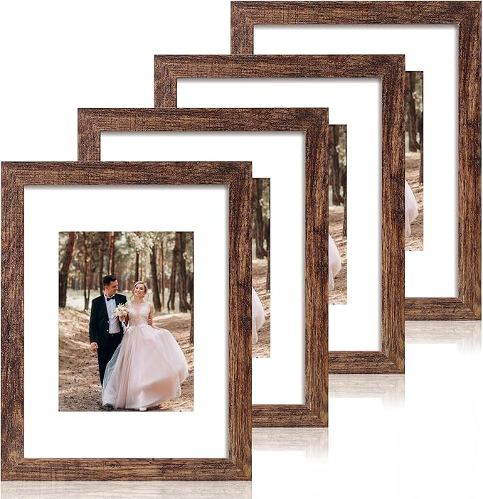 9x12 Picture Frame Set of 4 with Tempered Glass, Wooden Rustic Frame Display 6x8 Pictures with Mat or 9 x 12 Without Mat, Photo Frame for Wall Mount and Tabletop Display