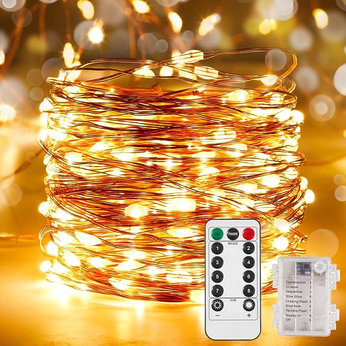 2 Pack 65.6 Ft. Battery Operated Outdoor String Lights with Remote & Timer, LED Warm White Fairy Lights, Waterproof Twinkle Lights for Bedroom, Dorm, Mason Jar, Wedding, Party, Christmas