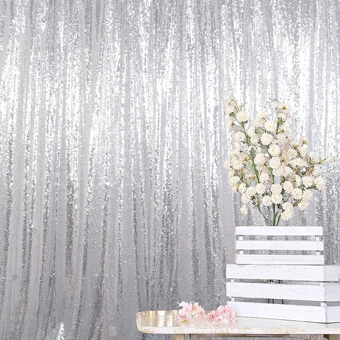 ShinyBeauty Silver Sequin Curtain 2Panels 5FTx10FT Glitter Wedding Backdrop for Photography - Shimmer Payette Fabric Background