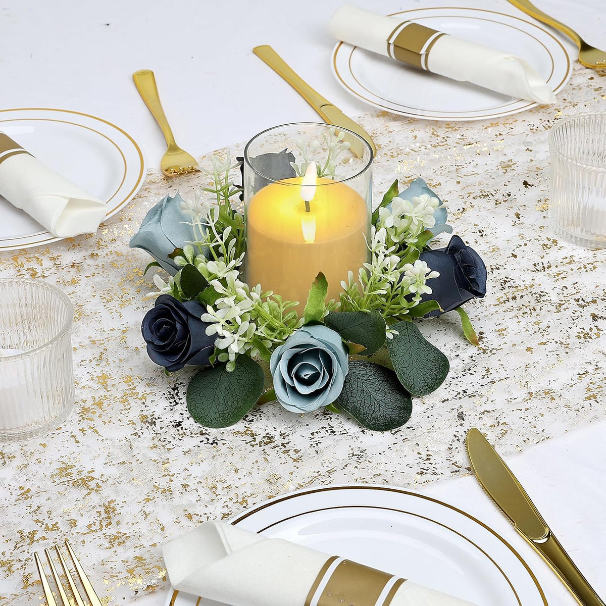 6 Sets Rose Rings Wreaths with LED Candles - Artificial Roses Eucalyptus Wreath Wedding Centerpiece for Wedding Bridal Shower Banquet Table Decor - Navy Blue