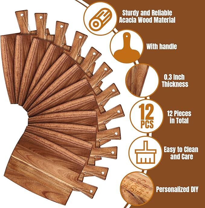 Patelai 12 Packs Wooden Cutting Board Set with Handles Large Kitchen Serving Plain Chopping Board Bulk Gifts for Mom for Vegetables Meat Pizza Cheese Fruit Bread(Acacia Wood,17 x 10 Inch)