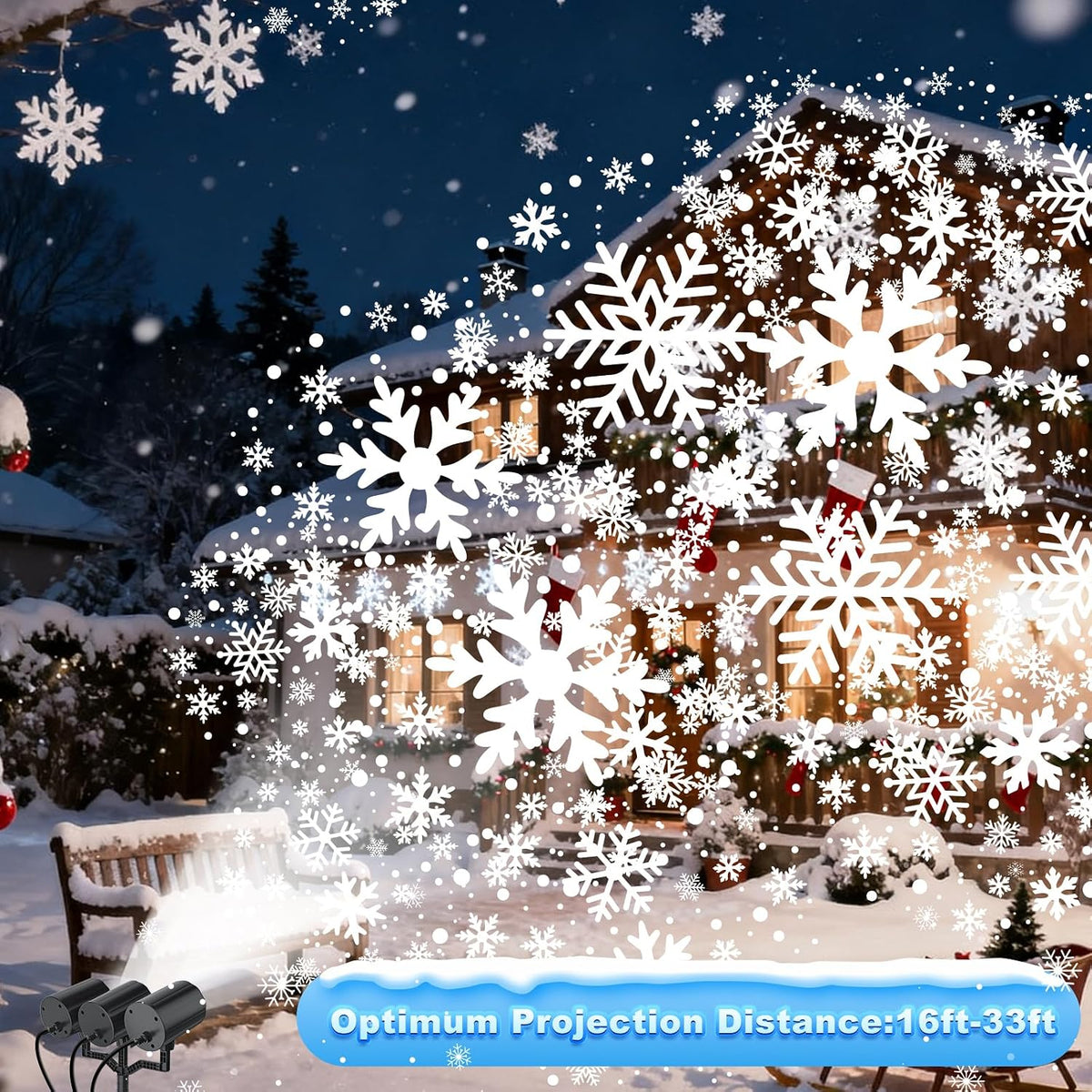 Christmas Projector Lights Outdoor, 2025 Upgraded Triple Head Snowflake Projector High Brightness, Led Dynamic Rotating Snowfall Projection IP65 Waterproof with 16.4ft Cord for Yard Houses Party Decor