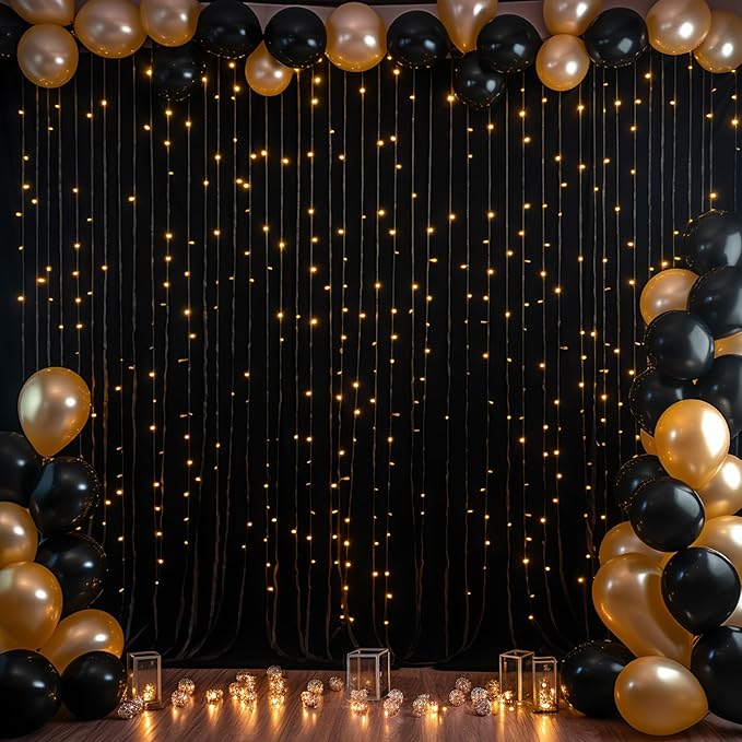Black Backdrop Curtain with Lights String for Parties,10x10FT Wrinkle Free Black Drapes Wedding Photo Backdrop Curtains for Baby Shower Birthday Ceremony Reception Home Party Decorations