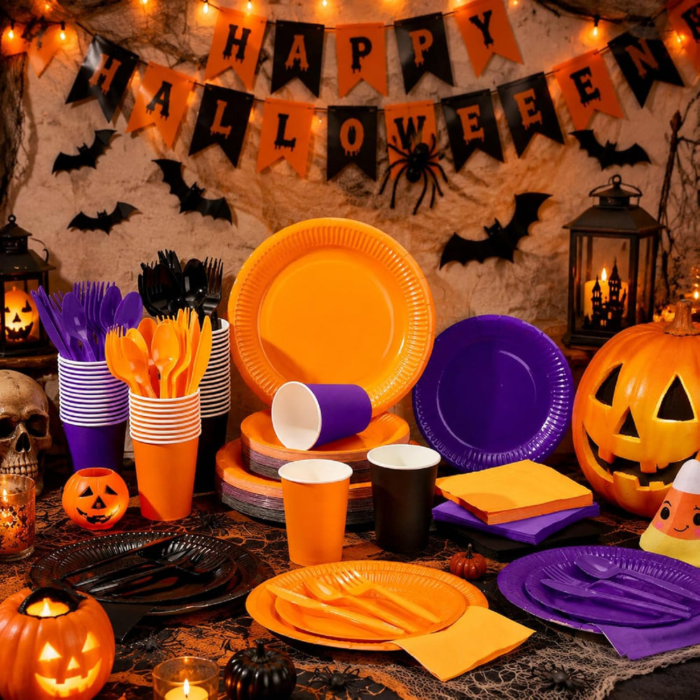 Ziliny 420 Pcs Black Orange Purple Paper Plates and Napkins Paper Cups Set