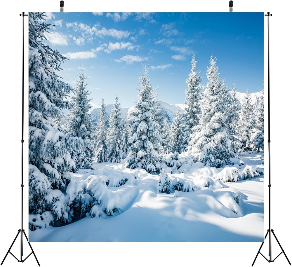 BELECO 10x10ft Fabric Winter Snow Backdrop White Xmas Trees Wintry Scene Alps...
