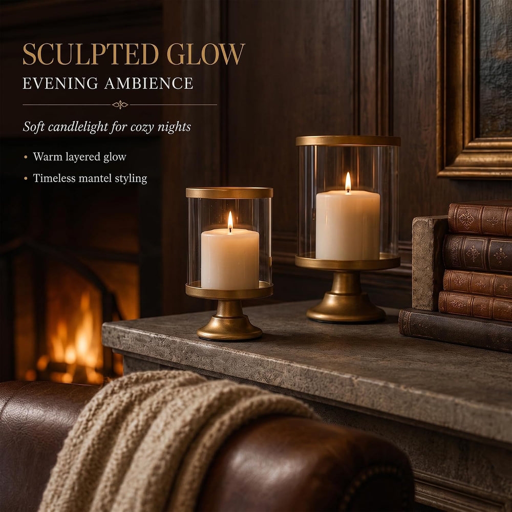 Gold Hurricane Candle Holder Set of 2 with Glass Cylinder for Pillar Candle