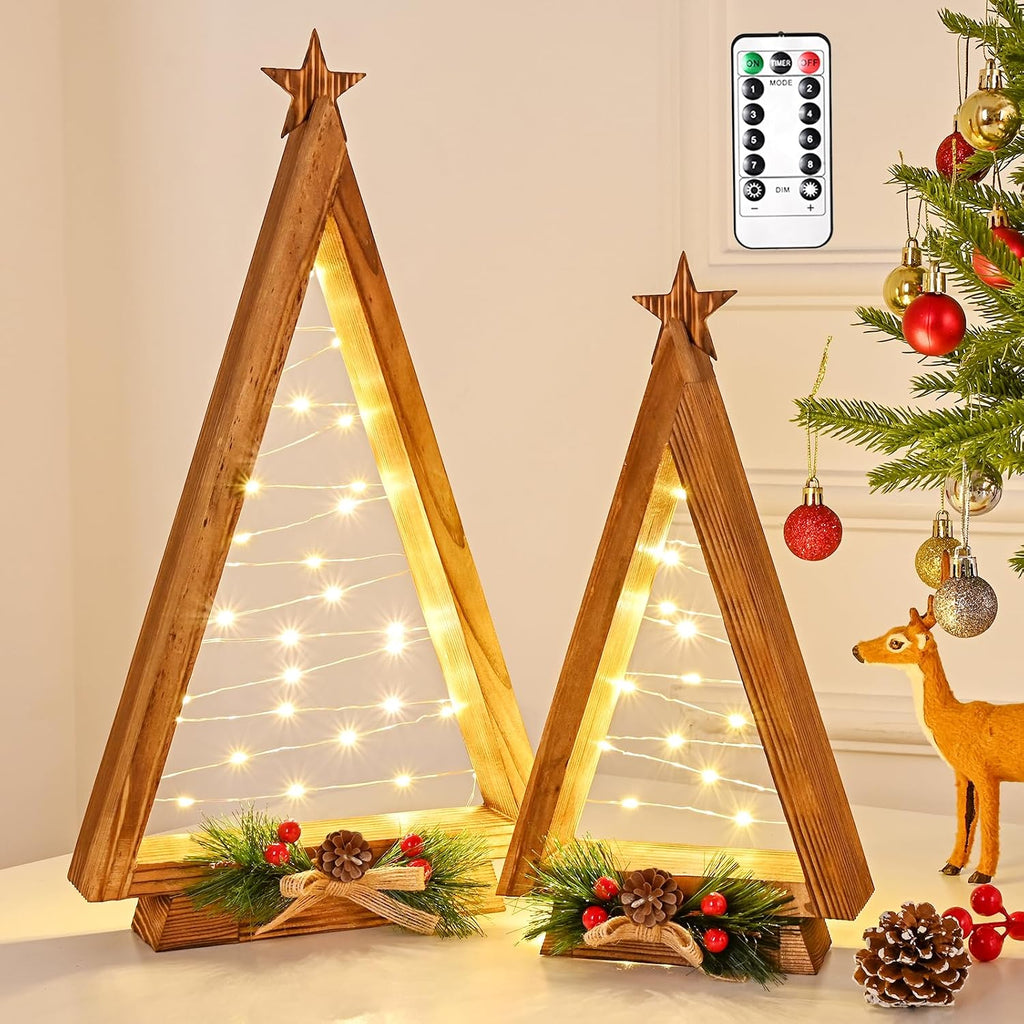 2 Pcs Triangle Tabletop Wooden Christmas Tree with Lights, Modern Farmhouse Rustic Christmas Decor, Small Lighted Xmas Tree for Kitchen Mantle Shelf Living Room(14.2" Large / 11" Small)
