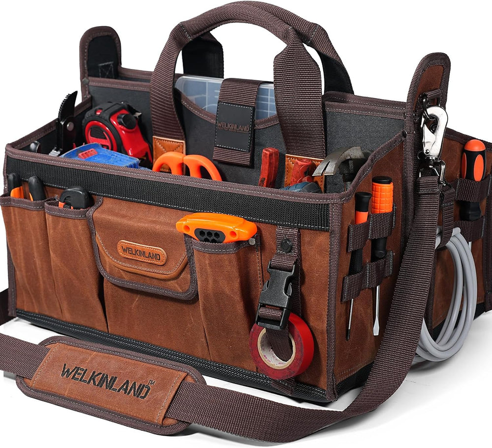 WELKINLAND 21-Pockets Waxed Canvas Tool Tote, 18-Inch Electrician Tool Bag