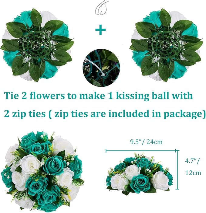 BLOSMON Teal Flowers Artificial Centerpieces: 6 Pcs Fake Roses Flowers Balls for Wedding Dinning Table - Faux Silk Kissing Floral Arrangement for Home Party Event Decor