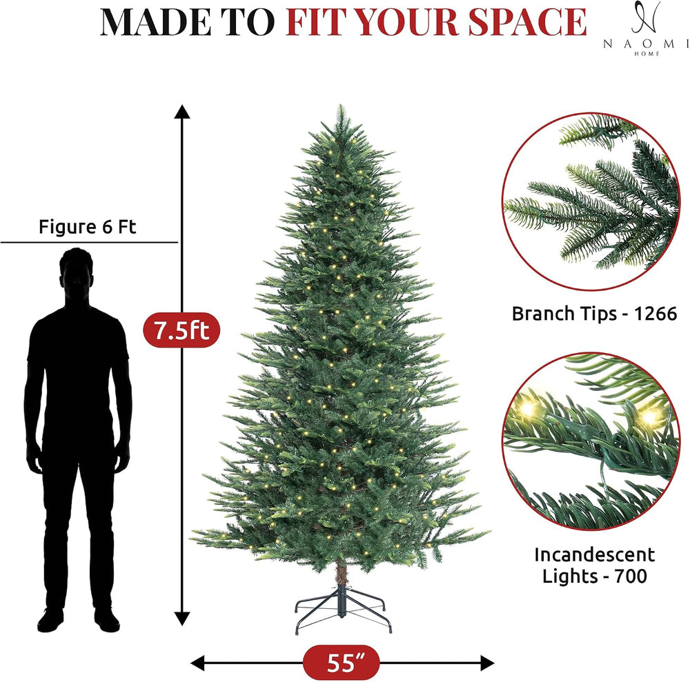Naomi Home 7.5 ft Nordic Pre-Lit Christmas Tree, 700 Warm Lights