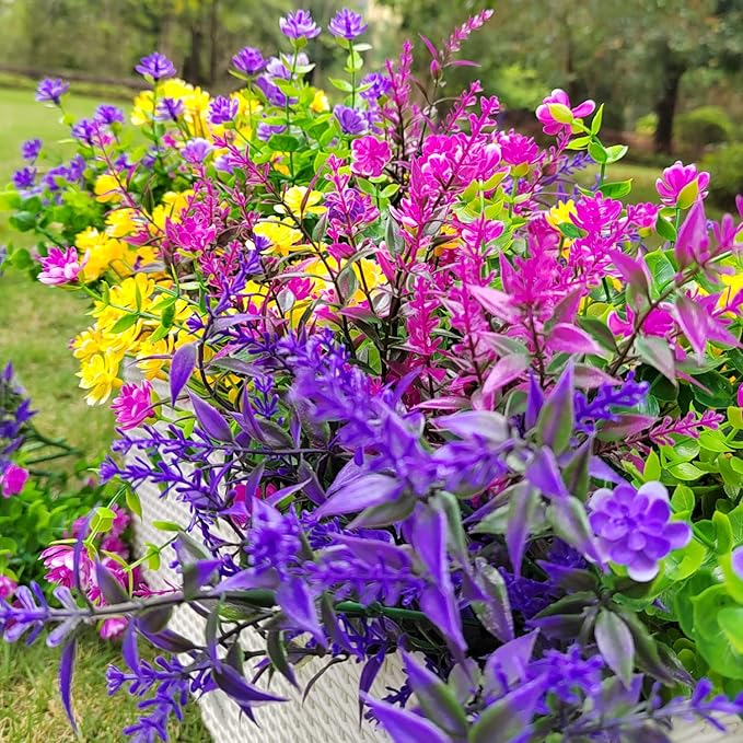 20 Bundles Artificial Flowers Outdoor UV Resistant No Fade Fake Plants Faux Plastic Shrubs for Garden Patio Porch Window Box Home Wedding Farmhouse Hanging Décor