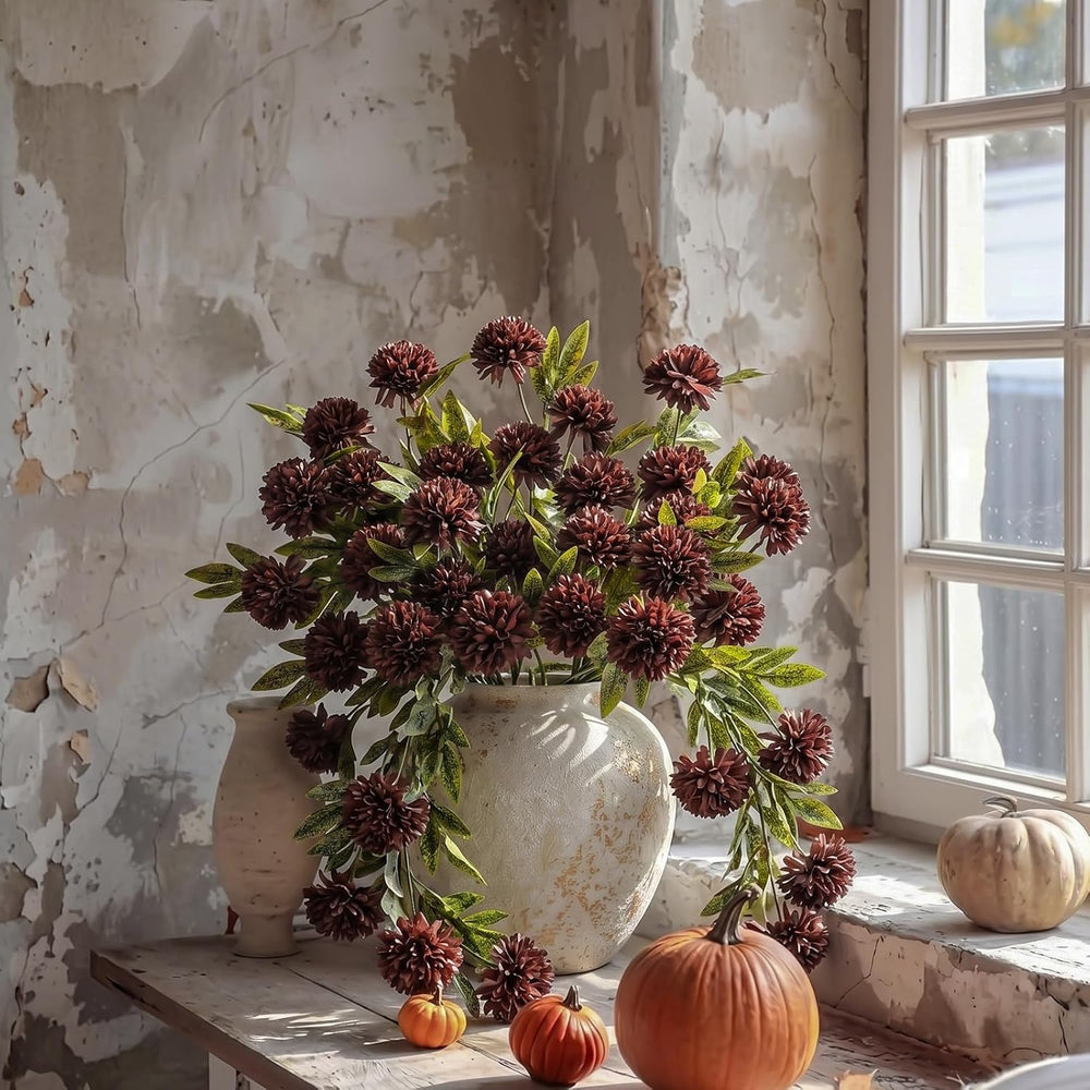 Knitgrip 8 Pcs Faux Silk Pom Pom Mum Artificial Flowers, Chocolate