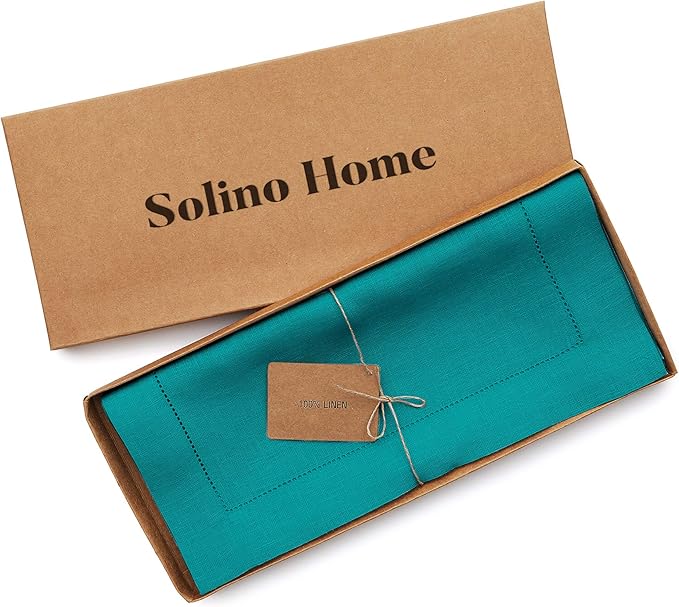 Solino Home Linen Hemstitch Table Runner 36 Inches - 100% Pure Linen Teal Table Runner 14 x 36 Inch Ideal for Dresser and Coffee Tables - Fall, Autumn, Thanksgiving, Christmas - Classic Hemstitch