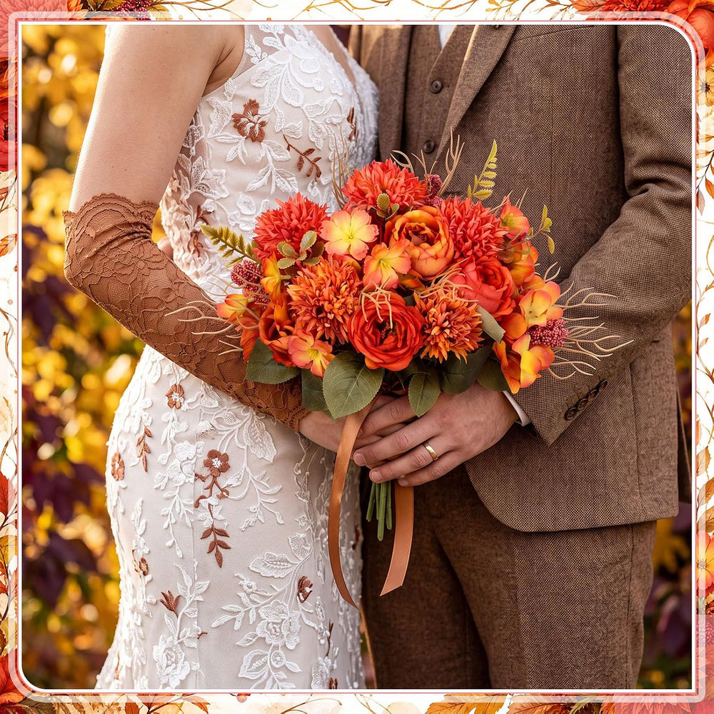 Lyrow 8 Pcs Fall Artificial Peony Hydrangea Flowers Bouquets Orange Red