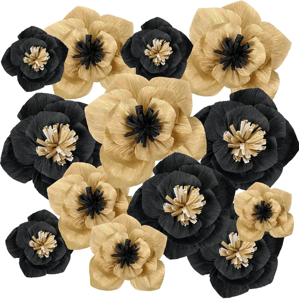 Cholemy 24 Pcs Tissue Paper Flowers 8" 10" 12", Black, Gold