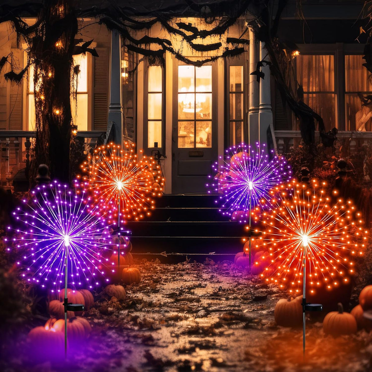 Tujoe 4 Pack Halloween Solar Firework Lights Decoration Orange, Purple