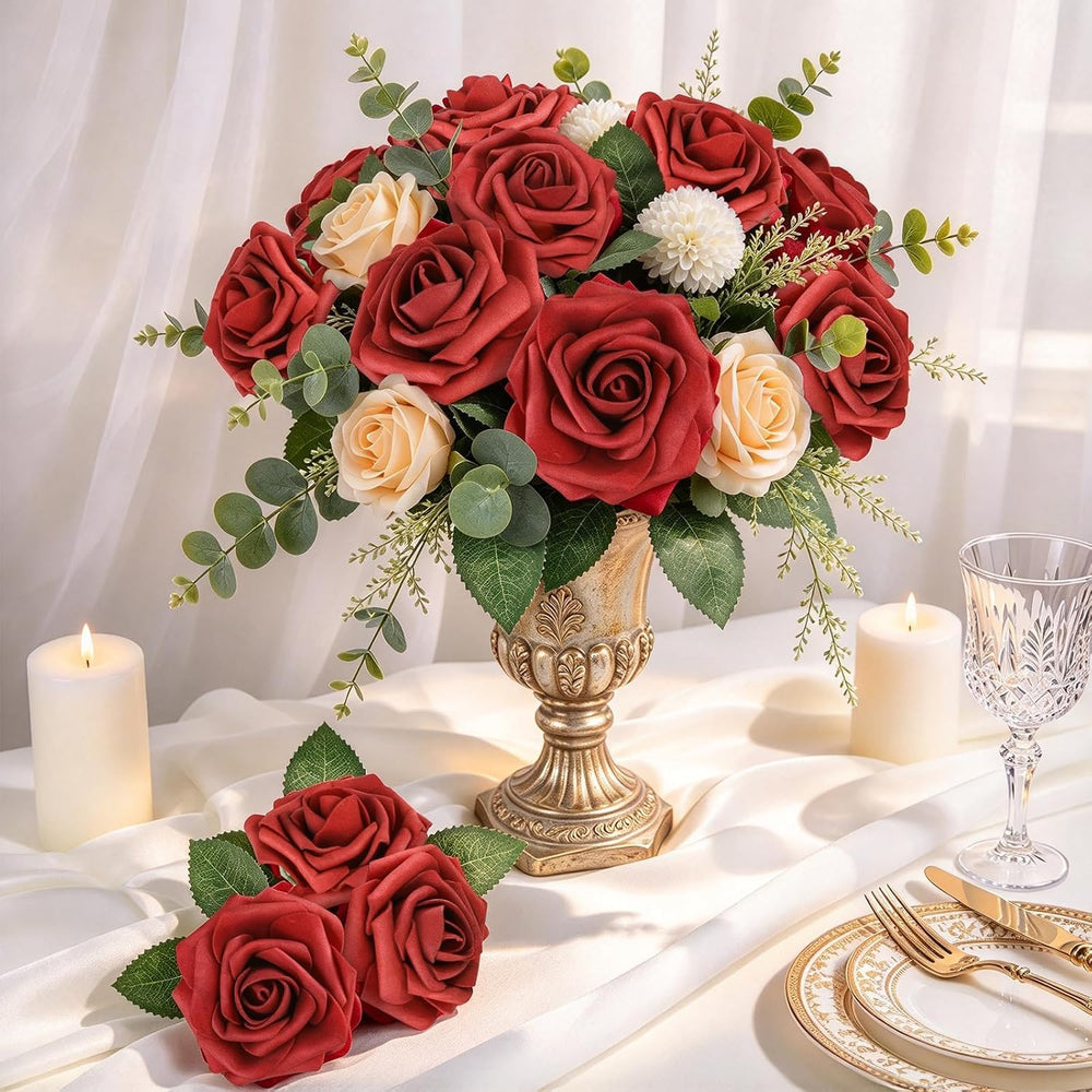 AmyHomie Dark Red Rose 100pcs Real Looking Artificial Flowers w/Stem