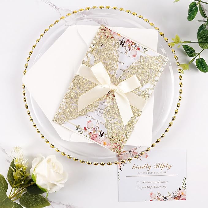 50pcs Gold Glitter Laser Cut Invitation Pockets Rose Personalized Blank Wedding Invitations with Envelopes and Rsvp Cards for Wedding Bridal Shower QuinceañEra Engagement Party Invite