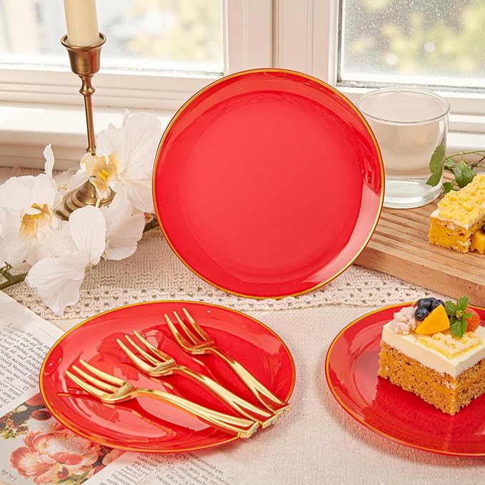 Festiva 200Pcs Red Gold Dessert Plates 6.3" with Plastic Forks 5"-Small Disposable Plates- Dessert/Cake/Appetizer Plastic Plates include 100Plates 100Forks for Christmas Party&New Year