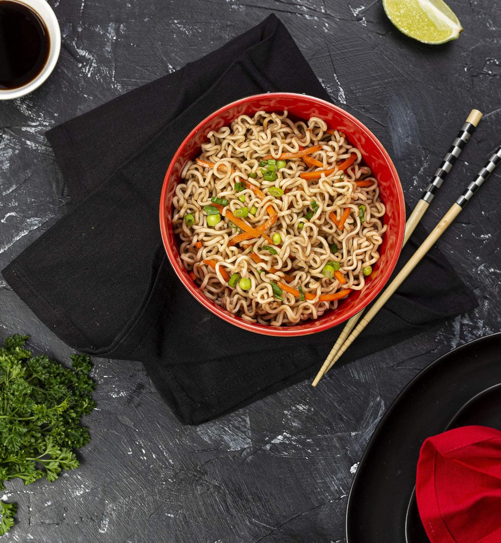 KooK Ceramic Japanese Noodle Bowl Set, 34 oz, Set of 4, Black/Red