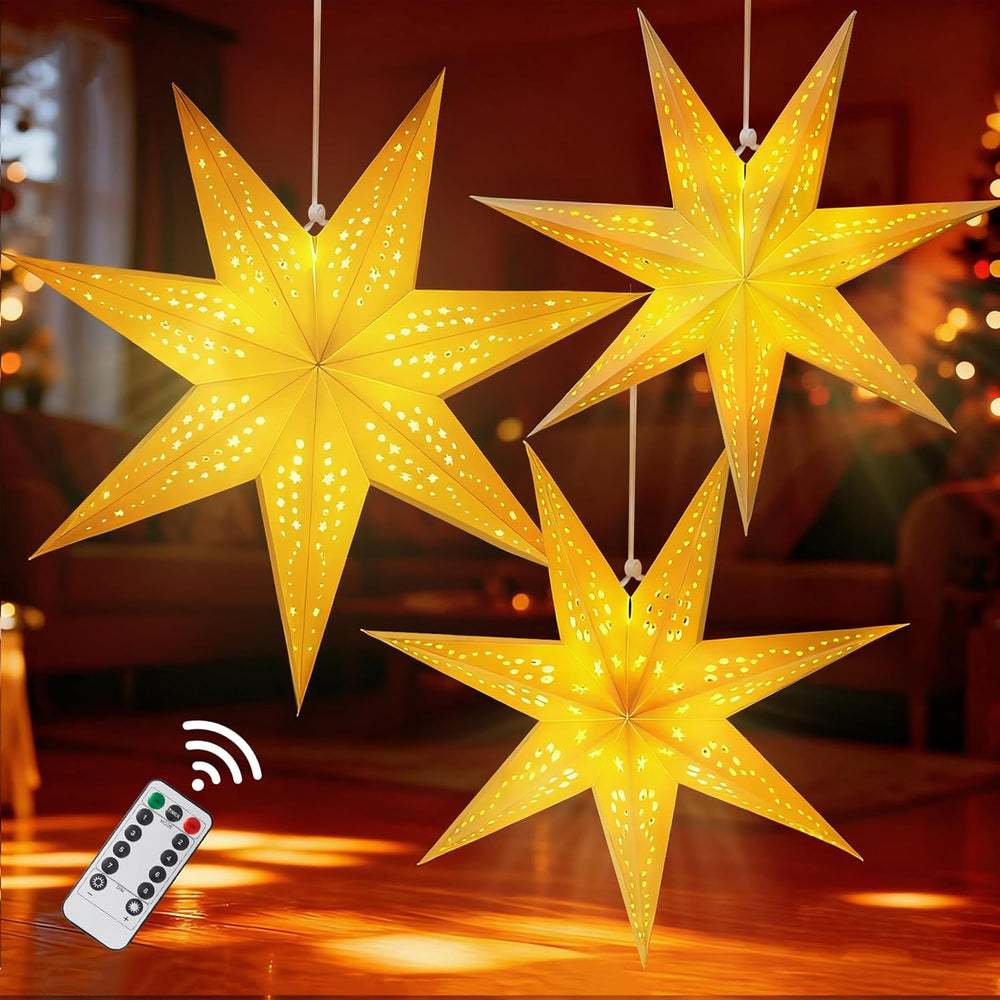 Paper Star Lanterns with Lights, Christmas Hanging Decor Indoor, 3-Pack