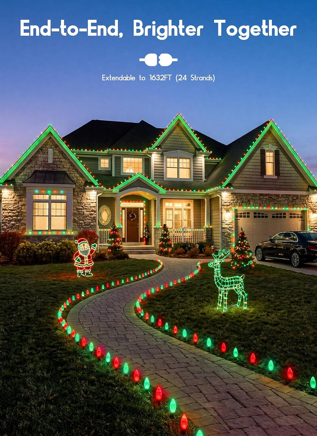 brightown christmas lights outdoor, 68ft 100led c9 string shown in use