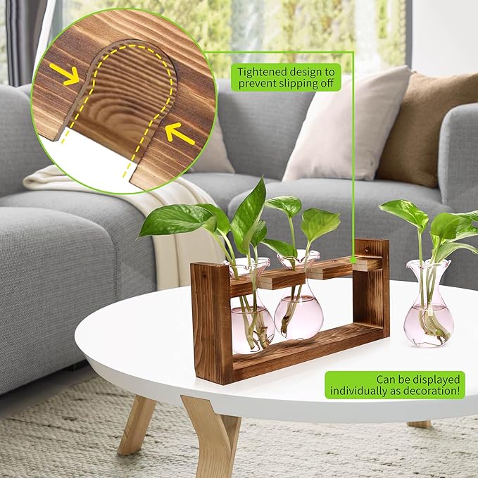 Plant Propagation Station Plant Terrarium Unique Birthday Gifts for Women Home Office Decor Planter with Wooden Stand - 3 Bulb Glass Vase