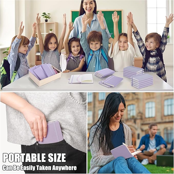 Aodaer 50 Sets Pocket Notebook Journal with Pens, 160 Pages, 3.5 x 5.5 Inch Mini Lined Journal Notebook A6 Leather Hardcover College Ruled Notepad with Pen Holder for School Office Gifts, Lavender