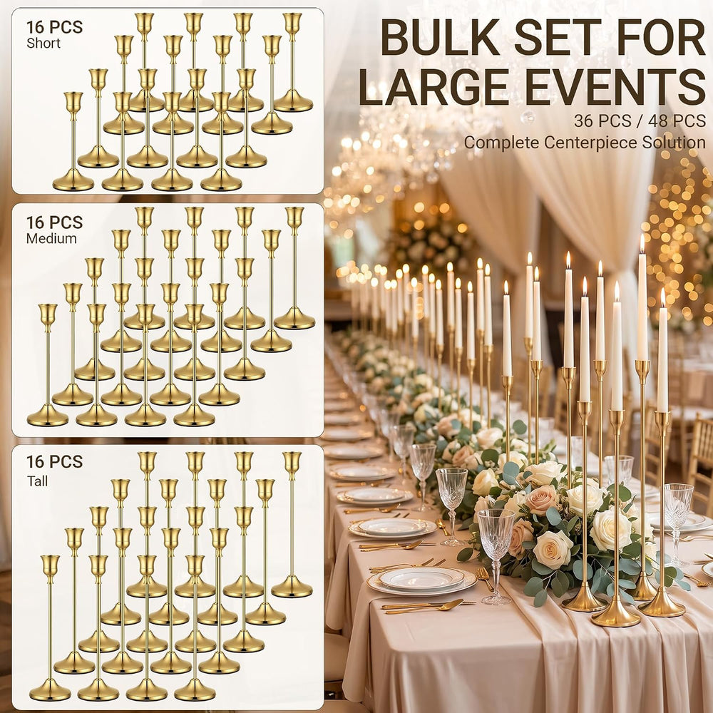 48 Pack Gold Taper Candle Holders, Bulk Metal Candlestick Holders in 3 Height...