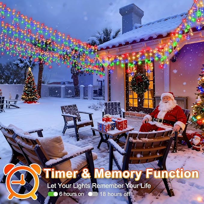 KNONEW 99ft 1216 LED Christmas Lights Outdoor 8 Modes Curtain Fairy String Light with 228 Drops, Clear Wire LED String Light Decor for Wedding Party Christmas Decorations(Multicolor)