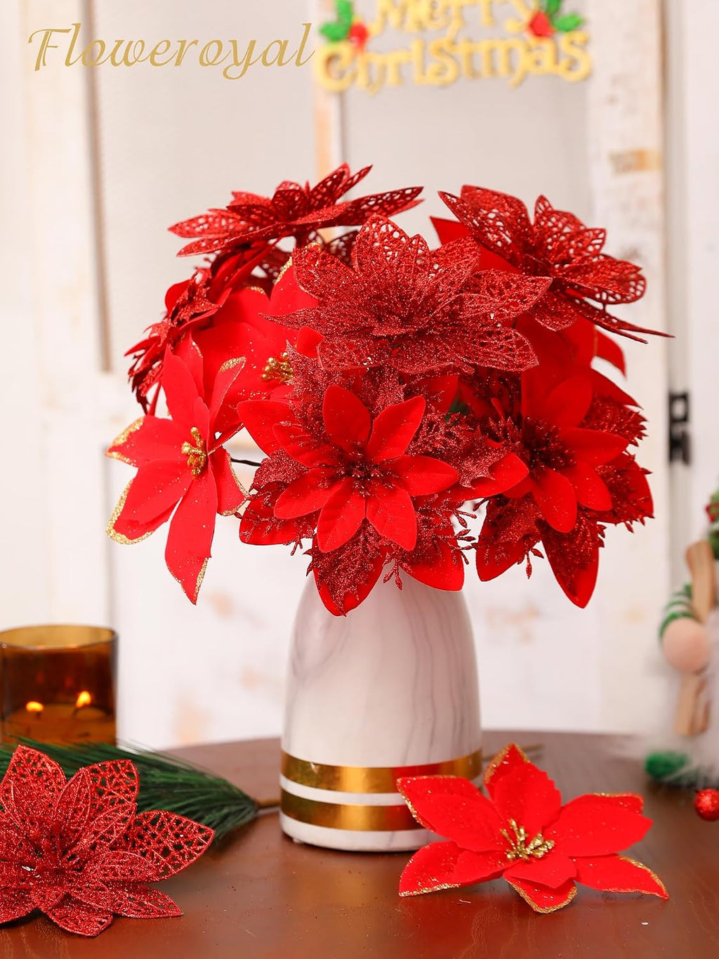 floweroyal 60pcs poinsettia artificial christmas flowers decorations with showing dimensions