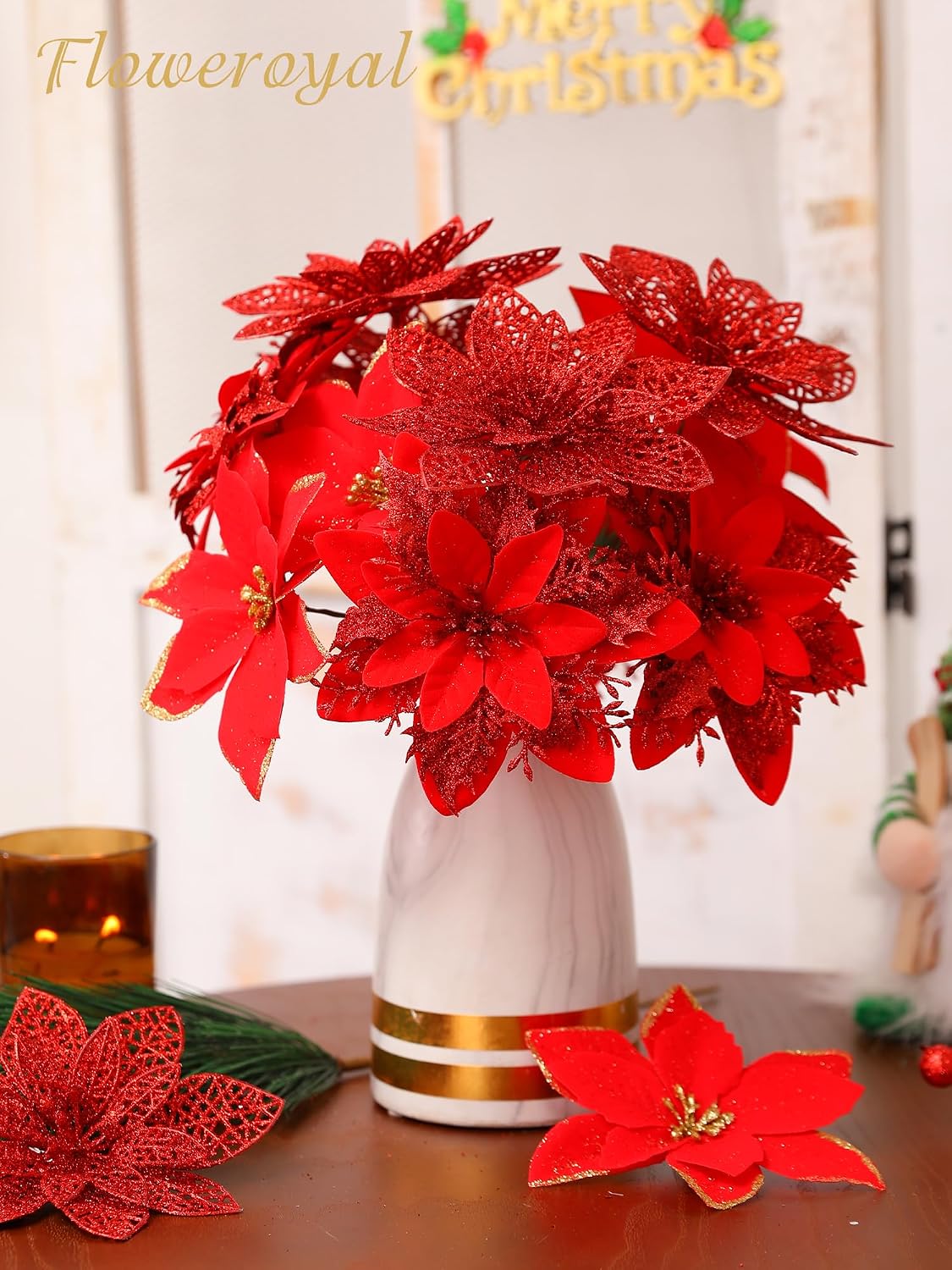 floweroyal 60pcs poinsettia artificial christmas flowers decorations with showing dimensions