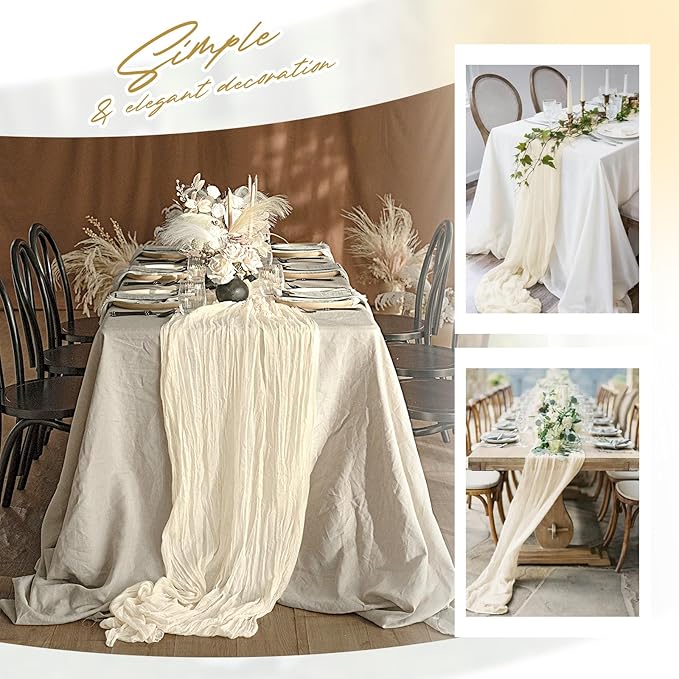 Aktor 12 Pack Ivory Table Runner Boho Cheesecloth Table Runner Semi Sheer Gauze Fabric Runners for Wedding Birthday Baby Shower Party Boho Table Decoration（Ivory）