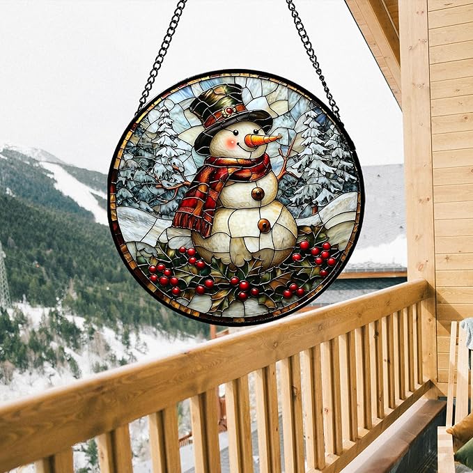 Stained Glass Window Hanging - Christmas Snowman Suncatcher for Door Terrace Garden Home Decor Winter Forest Snow Sun Catcher Birthday Gifts for Lovers Women Men Dad Mom Nana 15 in