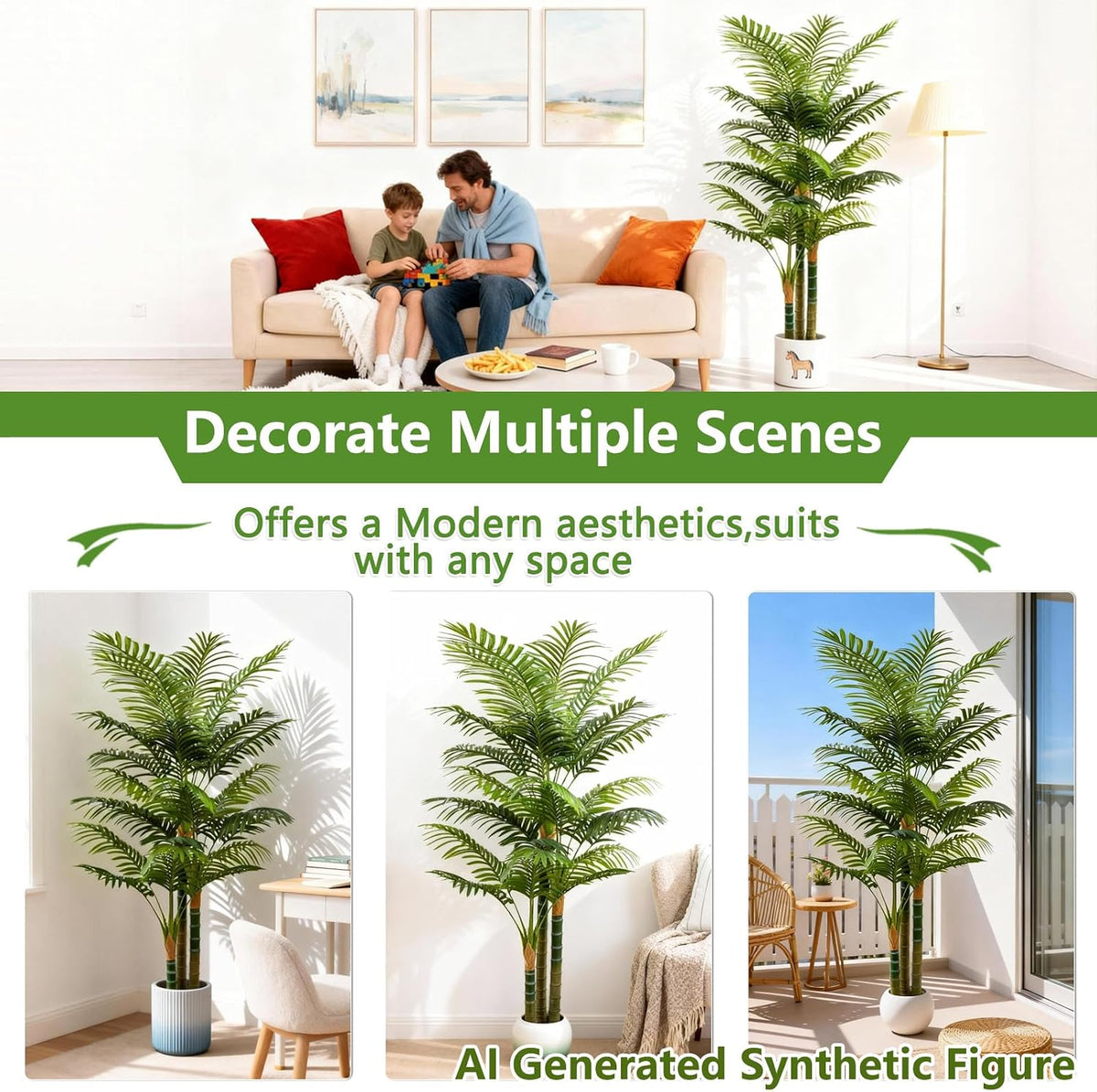 6FT Tall Golden Cane Artificial Palm Tree, Large Faux Palm Tree with 3 Textured Trunks, Outdoor Artificial Plants, Fake Tree for Indoor Office Living Room Outside Patio.