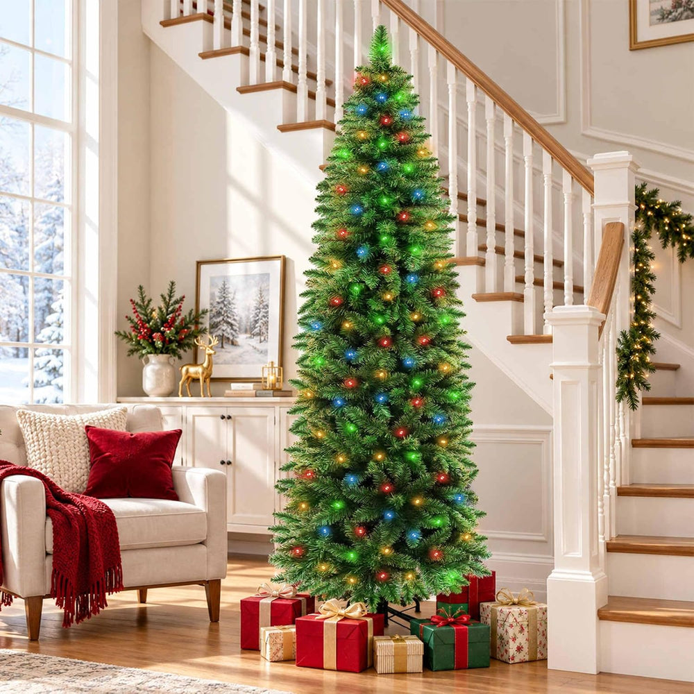6Ft Prelit Pencil Christmas Tree with 240 Warm White&Colors Changing Lights