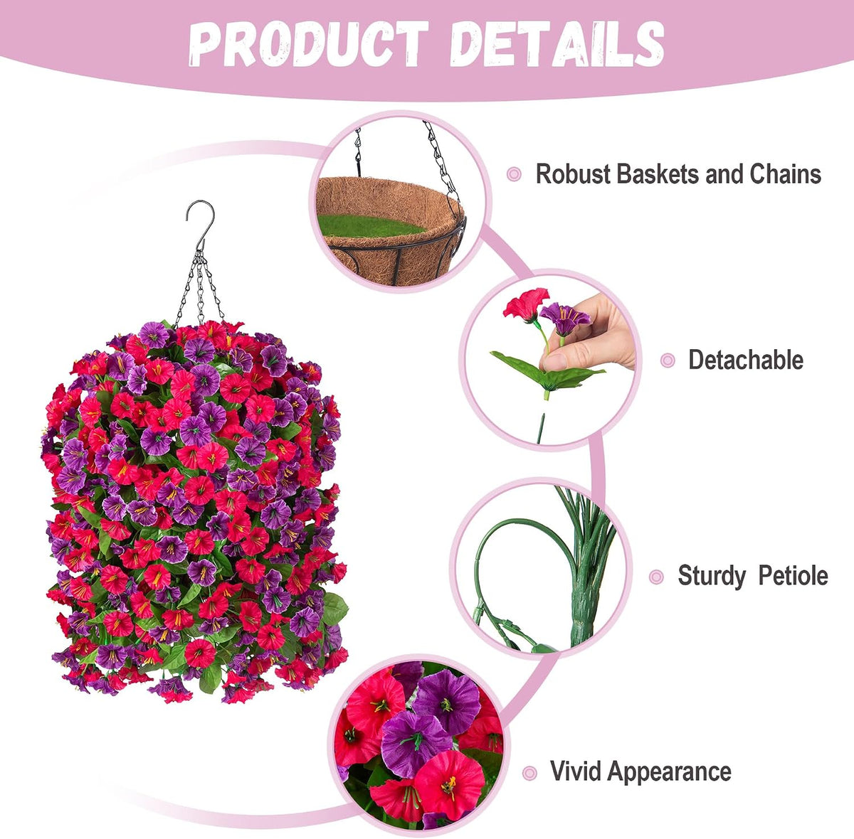 Artificial Flowers with Hanging Basket, Outdoor Faux Plants UV Resistant